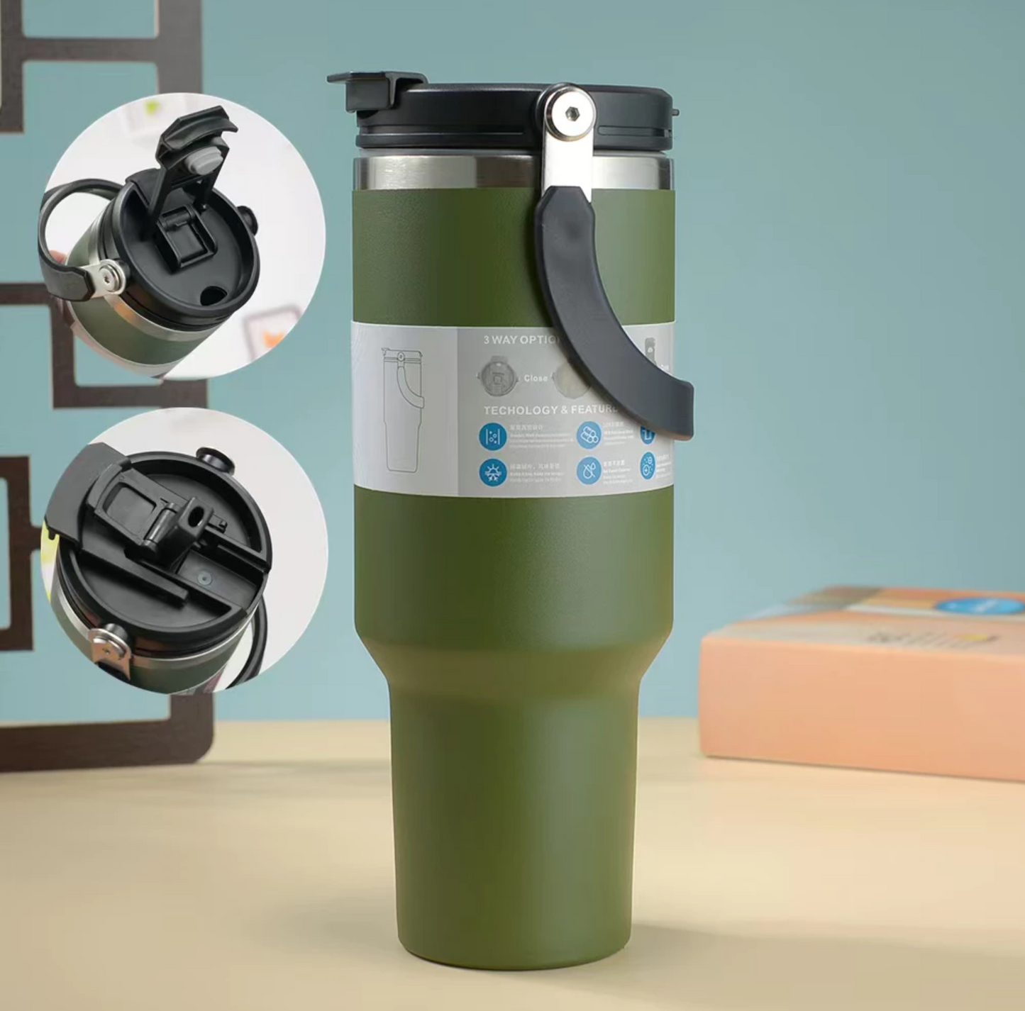 Tumbler Insulated Stainless Steel With Handle & Built-in Straw 900ML 1200ML