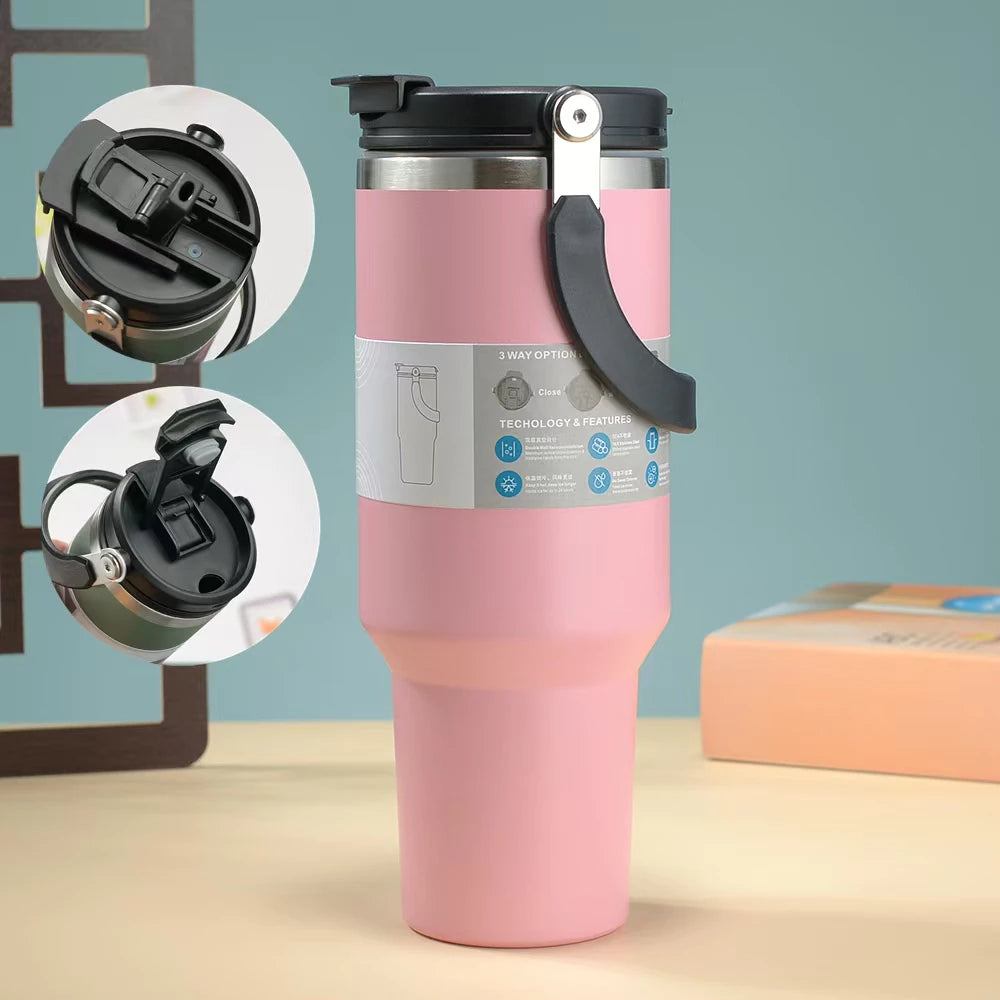 Tumbler Insulated Stainless Steel With Handle & Built-in Straw 900ML 1200ML